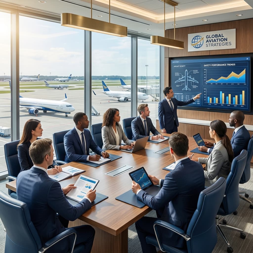Modern aviation industry meeting in a professional office with aircraft models in the background