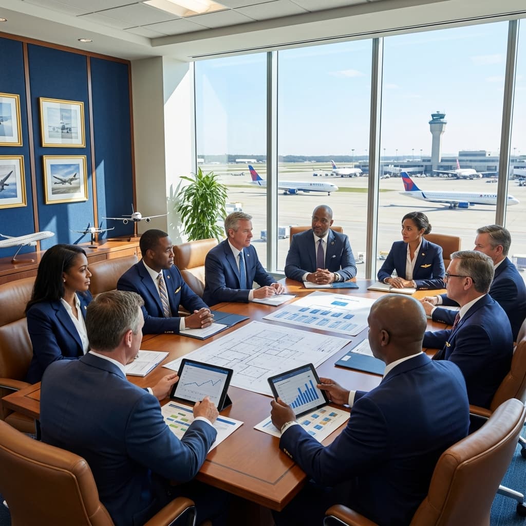 Aviation executive boardroom meeting with strategic planning documents